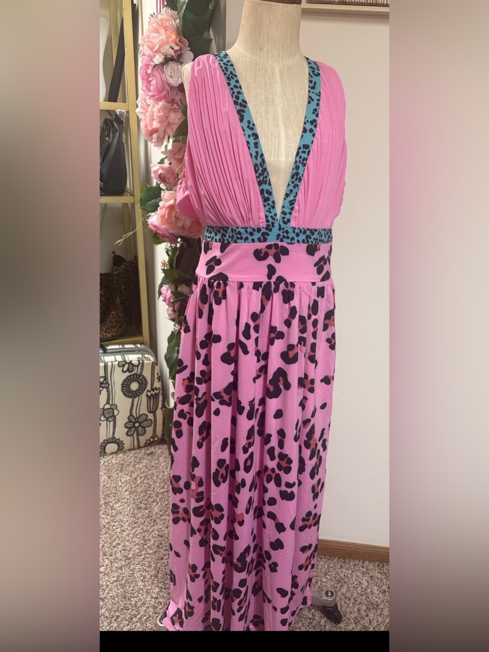 Pink Leopard-Print Halter Maxi Dress with Turquoise Trim - Picture 8 of 13